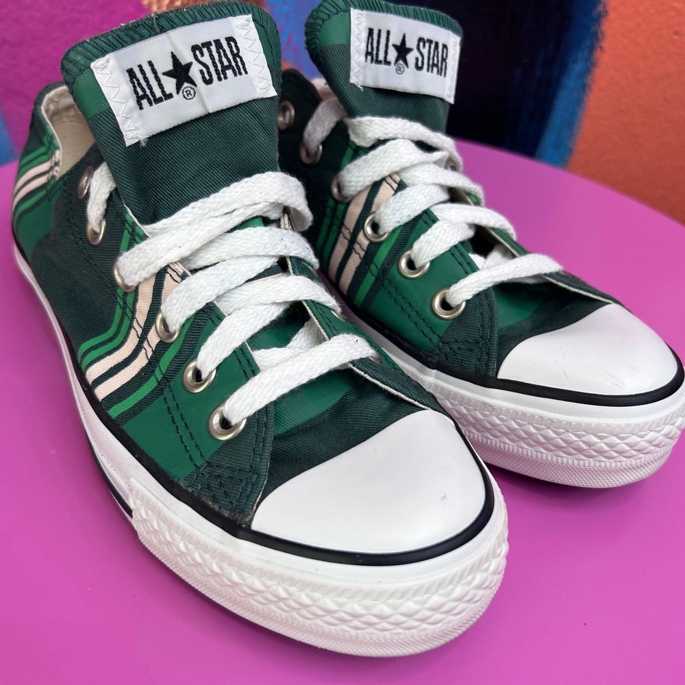 Converse Women 7 Chuck Taylor All Star Low Top Green Plaid Sneakers EUC